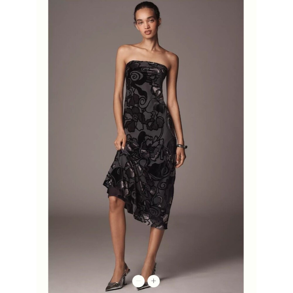 By Anthropologie Strapless Velvet Burnout Dress